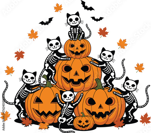 Halloween skeleton cat t-shirt design, spooky pumpkin stack illustration, festive apparel graphic, jack-o’-lantern and skeleton cats, autumn leaves, bats