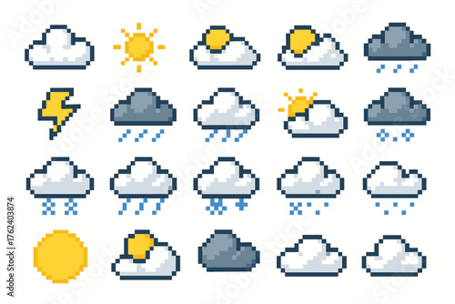 A set of icons representing various weather conditions and related elements. All icons are designed in a soft pastel style with beige and gray tones.