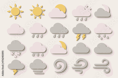 A set of icons representing various weather conditions and related elements. All icons are designed in a soft pastel style with beige and gray tones.