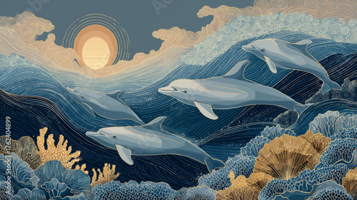 Stylized dolphins gliding above golden coral reef beneath sunset waves in elegant fine-art underwater seascape vector illustration.