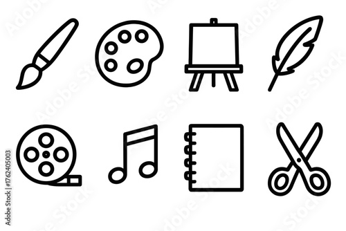 Creative Revision outline icon set: paintbrush, palette, canvas, quill pen, film reel, music notes, sketchbook, scissors.