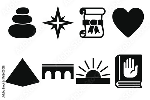 Principles silhouette set: stacked stones, guiding star, scroll with ribbon, heart, pyramid, bridge, sun rays, oath book.