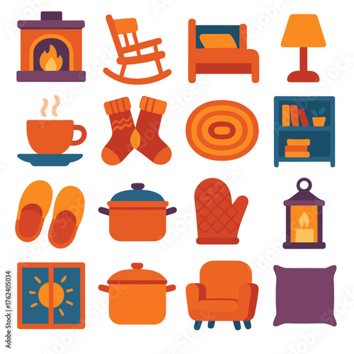 Home Warmth flat icons: fireplace, rocking chair, warm bed, table lamp, steaming cup, knitted socks, cozy rug, bookshelf, slippers, casserole dish, oven mitt, candle lantern,