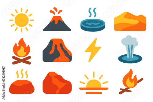 Natural heating flat icons: sun, volcano, hot spring, desert dunes, campfire, lava flow, lightning bolt, geyser, warm rock, sunrise, solar rays, burning branch.