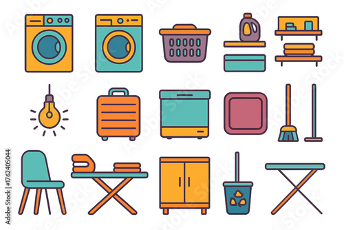 Home Basement flat icons: washing machine, dryer, laundry basket, detergent, shelves, storage box, suitcase, freezer, rug, chair, light bulb, ironing board, folded clothes, cabinet