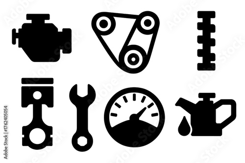 Automotive Tensioner silhouette set: car engine, timing belt, serpentine belt, camshaft, piston, wrench, dashboard gauge, oil can.