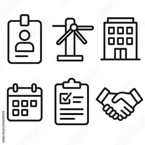 Workplace credential scan outline icon set: badge, turnstile, building, calendar, clipboard, handshake.