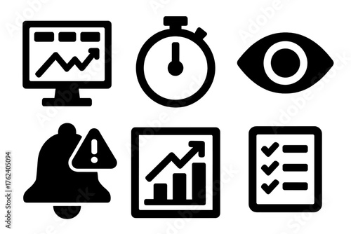 Monitoring uptime silhouette set: dashboard, stopwatch, eye, bell alert, graph, checklist.