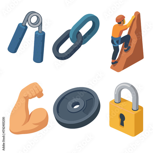 Hold set icons in modern isometric flat vector style: grip handle, chain link, rock climber, strong arm, weight plate, padlock.
