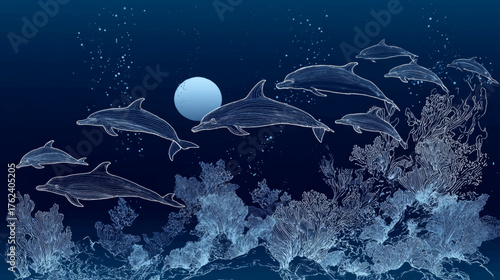 Graceful moonlit dolphins swimming above coral reef in elegant glowing blue line art fine-art underwater vector composition.