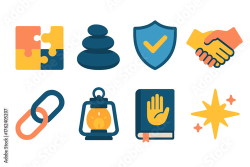 Trust flat icons: puzzle pieces fitting, stacked stones, protective shield, clasped hands, chain link, lantern light, oath book, guiding star.