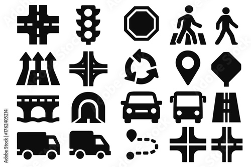 Road Junction silhouette set: crossroads, traffic light, stop sign, road arrows, highway interchange, pedestrian crossing, roundabout, map pin, bridge, tunnel, car, bus, truck,