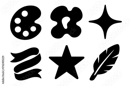 Creative contents silhouette set: palette, abstract shape, spark, ribbon, star, feather.