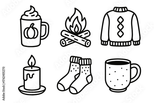 Thanksgiving Warmth outline icon set: pumpkin spice drink, log fire, cozy sweater, flickering candle, thick socks, rustic mug. , , High resolution, sharp vector-like appearance,