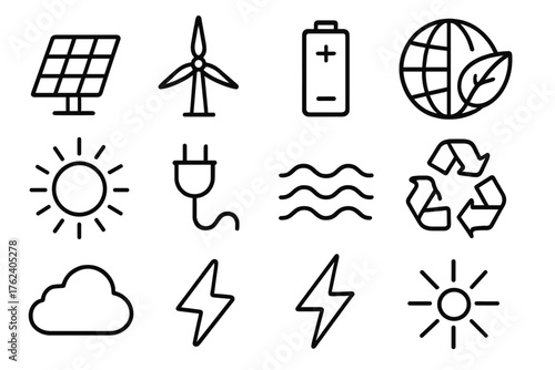 Clean Energy outline icon set: solar cell, wind turbine, battery, globe, leaf, sun, plug, water wave, recycling icon, cloud, spark, light beam. , , High resolution, sharp