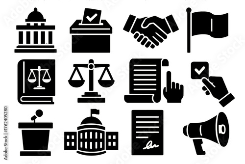 Political governance silhouette set: government building, ballot box, handshake, flag, law book, scales of justice, constitution scroll, voting hand, podium, parliament, contract
