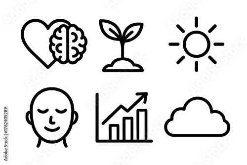 Emotional Growth outline icon set: heart and brain, tree sprout, light spark, peaceful face, growth chart, soft cloud. , , High resolution, sharp vector-like appearance, ideal for