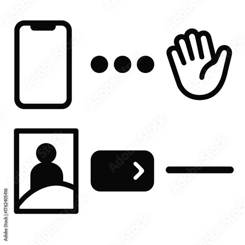 Onboarding Screens silhouette set: phone frame, step indicator, greeting text, illustration, skip button, progress line. , , High resolution, sharp vector-like appearance, ideal