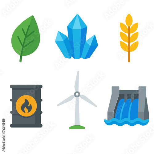 Natural Resources flat icons: leaf, crystal, hydro dam, wheat stalk, fossil fuel, windmill.
