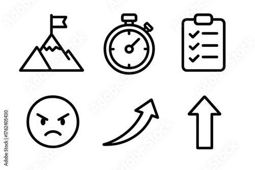 Personal Challenges outline icon set: mountain peak, goal flag, stopwatch, checklist, determined face, upward arrow. , , High resolution, sharp vector-like appearance, ideal for UI