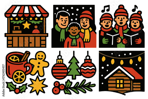 Christmas Market Holiday Fun silhouette set: outdoor stalls, smiling families, holiday treats, glowing lights, carol singers, festive decorations, snowfall, wooden cabins. , , High