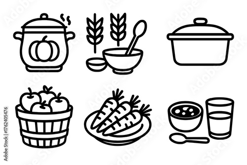 Thanksgiving Nourishment outline icon set: pumpkin stew pot, wheat stalks, spoon and bowl, casserole dish, apple basket, roasted carrots, cranberry sauce, water glass. , , High
