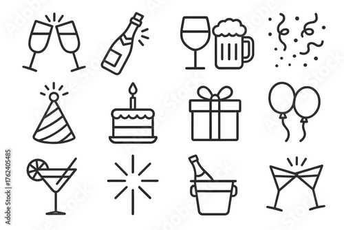 Celebration toasting outline icon set: clinking glasses, champagne bottle, wine glass, beer mug, confetti, party hat, cake, gift box, balloons, cocktail glass, starburst, ice