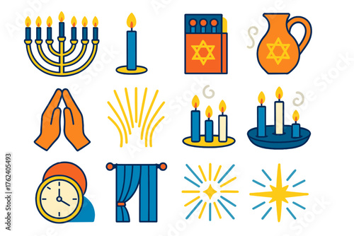 Hanukkah Tradition flat icons: menorah, candle holder, matchbox, oil flask, prayer hands, blessing text, candle tray, smoke trail, clock showing sunset, curtain, light rays,
