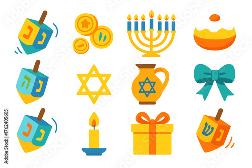 Hanukkah Spinning Dreidel flat icons: dreidel toy, Hebrew letters, spinning motion, wooden top, star symbol, coins, menorah, jelly donut, oil jug, festive ribbon, candle flame,