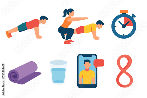 Bodyweight Exercises flat icons: push-up pose, squats, plank icon, timer, yoga mat, water glass, mobile coach, stretching band. , , High resolution, sharp vector-like appearance,