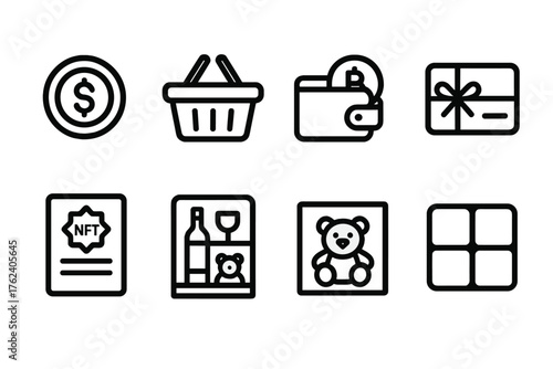 Online Collectibles outline icon set: digital artwork, coin icon, shopping basket, crypto wallet, gift card, NFT certificate, virtual shelf, item grid. , , High resolution, sharp
