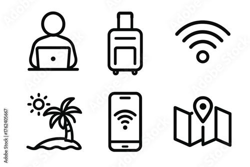 Digital Nomadism outline icon set: person with laptop, luggage bag, wifi icon, tropical view, mobile hotspot, travel map. , , High resolution, sharp vector-like appearance, ideal