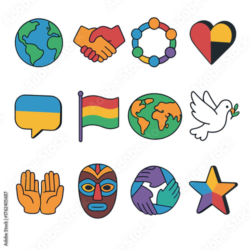 Multiculturalism flat isometric set: globe, handshake, people circle, heart, speech bubble, flag, map, peace dove, star, open hands, cultural mask, world unity icon.
