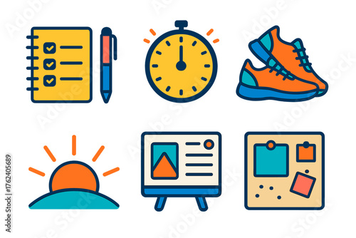 New Year Resolution flat icons: notebook and pen, goal checklist, clock striking midnight, running shoes, rising sun, vision board. , , High resolution, sharp vector-like