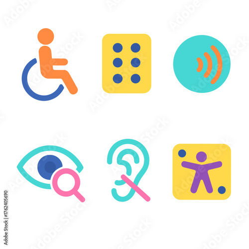 Accessibility Options flat icons: mobility aid, braille panel, sound waves, vision enhancement, hearing support, accessible interface.