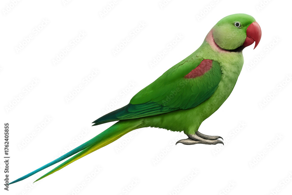 Fototapeta premium Green alexandrine parakeet, parrot bird, tropical pet, standing with red beak on transparent background