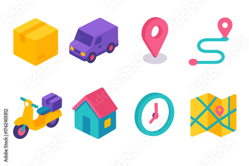 Last-Mile flat isometric set: parcel, delivery van, GPS marker, route path, scooter, house, clock, map.