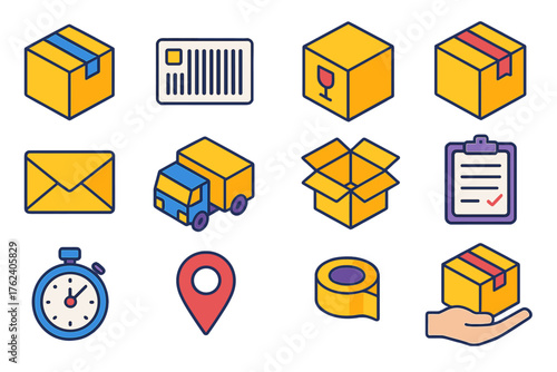 Parcel flat isometric set: delivery box, barcode label, fragile icon, tape seal, envelope, truck, open parcel, clipboard, stopwatch, map pin, packing tape, hand receiving box.