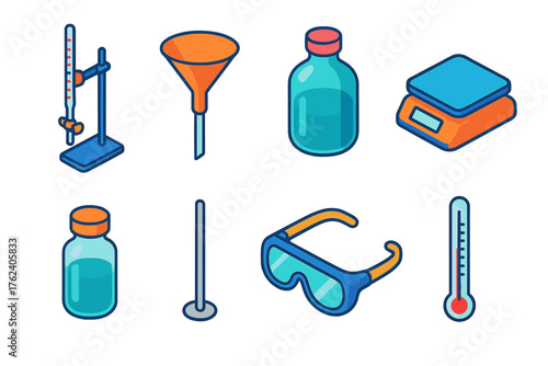 Chemical Analysis flat isometric set: burette, funnel, reagent bottle, scale, vial, stirrer, safety goggles, thermometer.