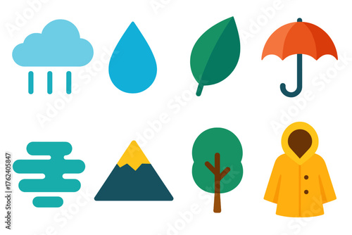 Drizzle & Mist flat icons: cloud, droplet, leaf, umbrella, fog, mountain, tree, raincoat.