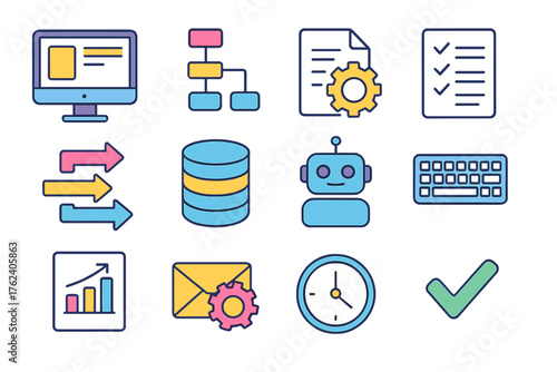 Office Process Automation flat isometric set: computer screen, task flow chart, document gear, checklist, workflow arrows, database icon, automation bot, keyboard, report graph,