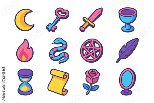 Occult & Symbolic Tarot Icons flat isometric set: moon, key, dagger, chalice, flame, serpent, pentagram, feather, hourglass, scroll, rose, mirror.