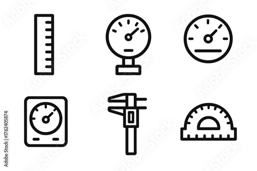 Measurement analog outline icon set: ruler, gauge, dial, meter, caliper, protractor.