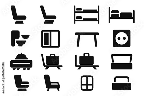 A set of icons related to furniture, plumbing, and amenities. Designed to quickly provide information about services and facilities in a specific environment, such as hotels or transportation hubs.