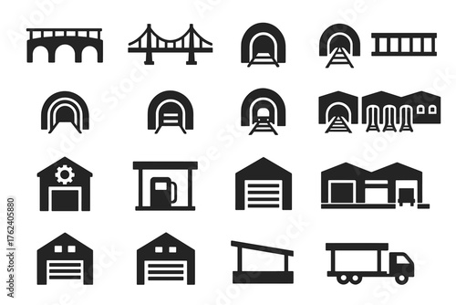 A set of icons related to infrastructure, transportation, and warehouses. Used to denote transportation infrastructure, storage facilities, and logistics.