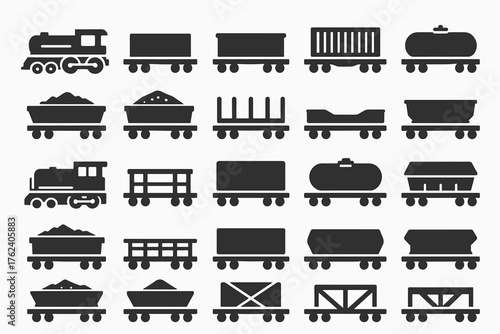A set of 20 black-and-white silhouettes of railway cars and locomotives. Various types of cars, including freight cars (flatcars, tank cars, hopper cars), passenger cars, and locomotives.