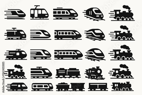 A collection of black-and-white silhouettes of trains in various styles and positions. Antique steam locomotives with smoke, modern high-speed trains, as well as freight and passenger cars.  