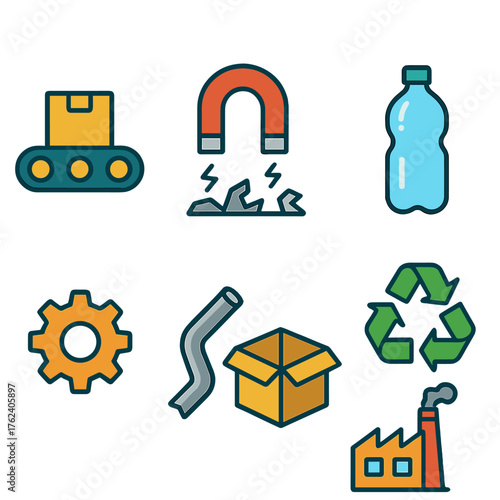 Material Recovery flat icons: conveyor, magnet, bottle, gear, metal scrap, recycling symbol, box, factory.
