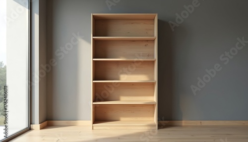 Wallpaper Mural Tall empty wooden bookshelf in bright modern room with grey wall, large window. Light wooden floor, baseboard. Natural light illuminates space. Simple, clean interior design with minimalist style. Torontodigital.ca