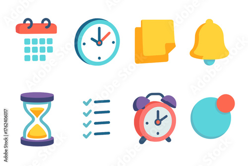 Reminder System flat isometric set: calendar, clock, sticky note, bell, hourglass, checklist, alarm, notification badge.